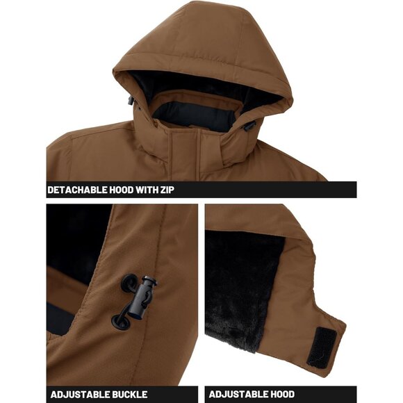 Men's Winter Coats  Brown with 9 Pockets Waterproof Ski Jacket Warm - Picture 6 of 7